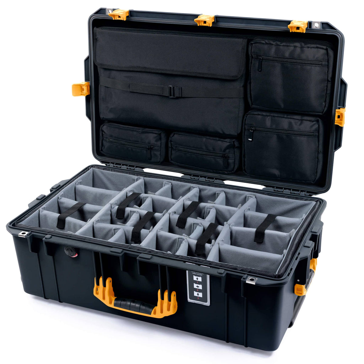 Pelican 1595 Air Case, Black with Yellow Handles &amp; Push-Button Latches Gray Padded Microfiber Dividers with Laptop Computer Lid Pouch ColorCase 015950-0270-110-310