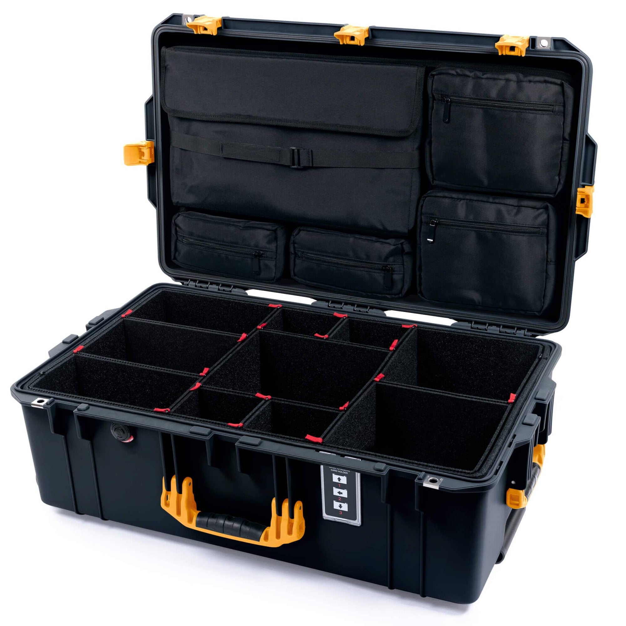 Pelican 1595 Air Case, Black with Yellow Handles & Push-Button Latches TrekPak Divider System with Laptop Computer Lid Pouch ColorCase 015950-0220-110-310