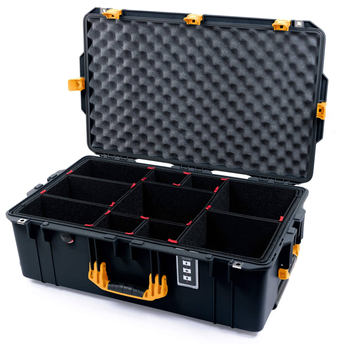 Pelican 1595 Air Case, Black with Yellow Handles &amp; Push-Button Latches TrekPak Divider System with Convoluted Lid Foam ColorCase 015950-0020-110-240