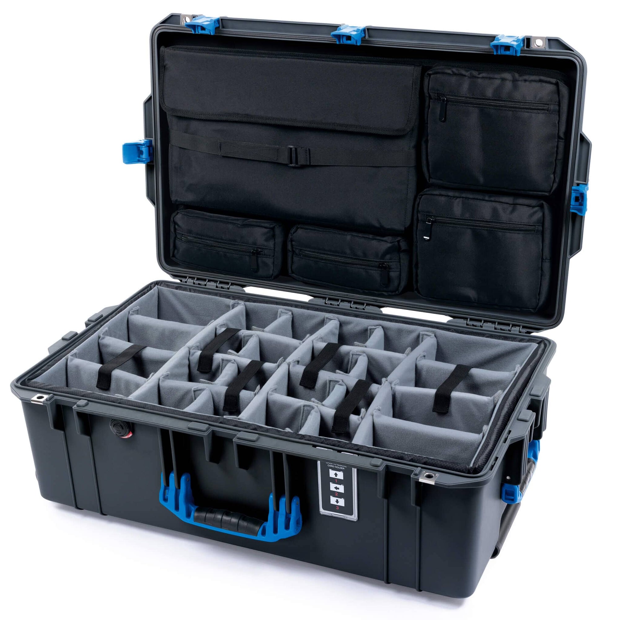 Pelican 1595 Air Case, Charcoal with Blue Handles & Latches Gray Padded Microfiber Dividers with Laptop Computer Lid Pouch ColorCase 015950-0270-520-121