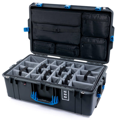 Pelican 1595 Air Case, Charcoal with Blue Handles & Latches Gray Padded Microfiber Dividers with Laptop Computer Lid Pouch ColorCase 015950-0270-520-121
