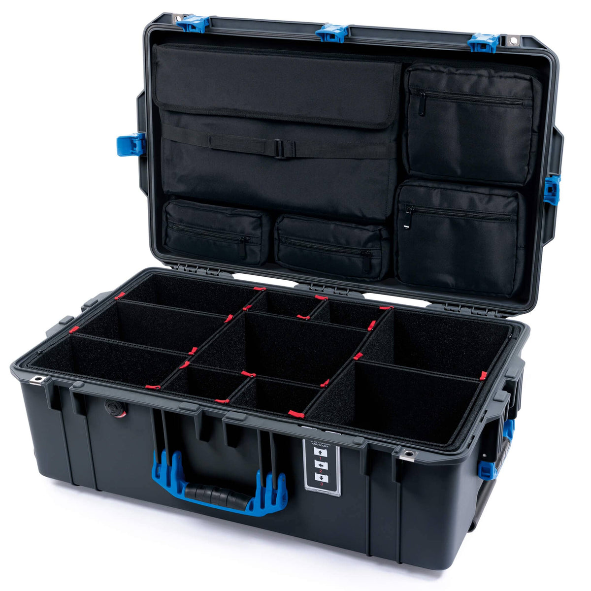 Pelican 1595 Air Case, Charcoal with Blue Handles &amp; Latches TrekPak Divider System with Laptop Computer Lid Pouch ColorCase 015950-0220-520-121