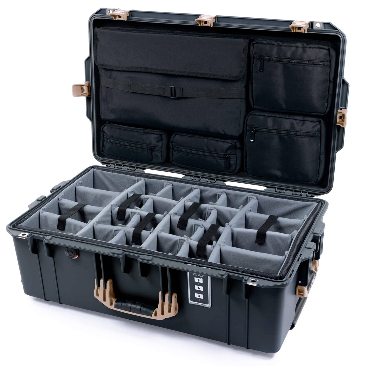 Pelican 1595 Air Case, Charcoal with Desert Tan Handles &amp; Latches Gray Padded Microfiber Dividers with Laptop Computer Lid Pouch ColorCase 015950-0270-520-311
