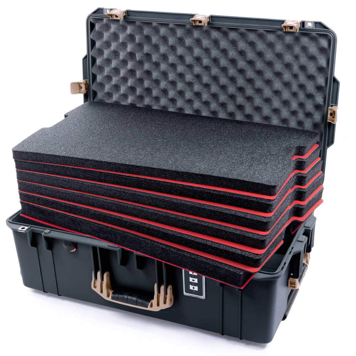 Pelican 1595 Air Case, Charcoal with Desert Tan Handles &amp; Latches Custom Tool Kit (6 Foam Inserts with Convoluted Lid Foam) ColorCase 015950-0060-520-311