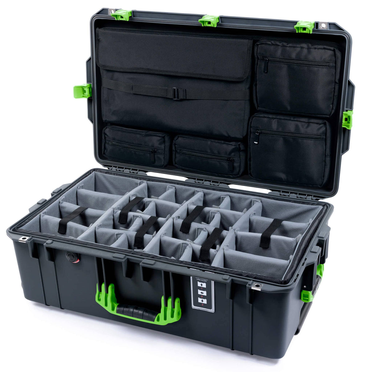 Pelican 1595 Air Case, Charcoal with Lime Green Handles &amp; Latches Gray Padded Microfiber Dividers with Laptop Computer Lid Pouch ColorCase 015950-0270-520-301