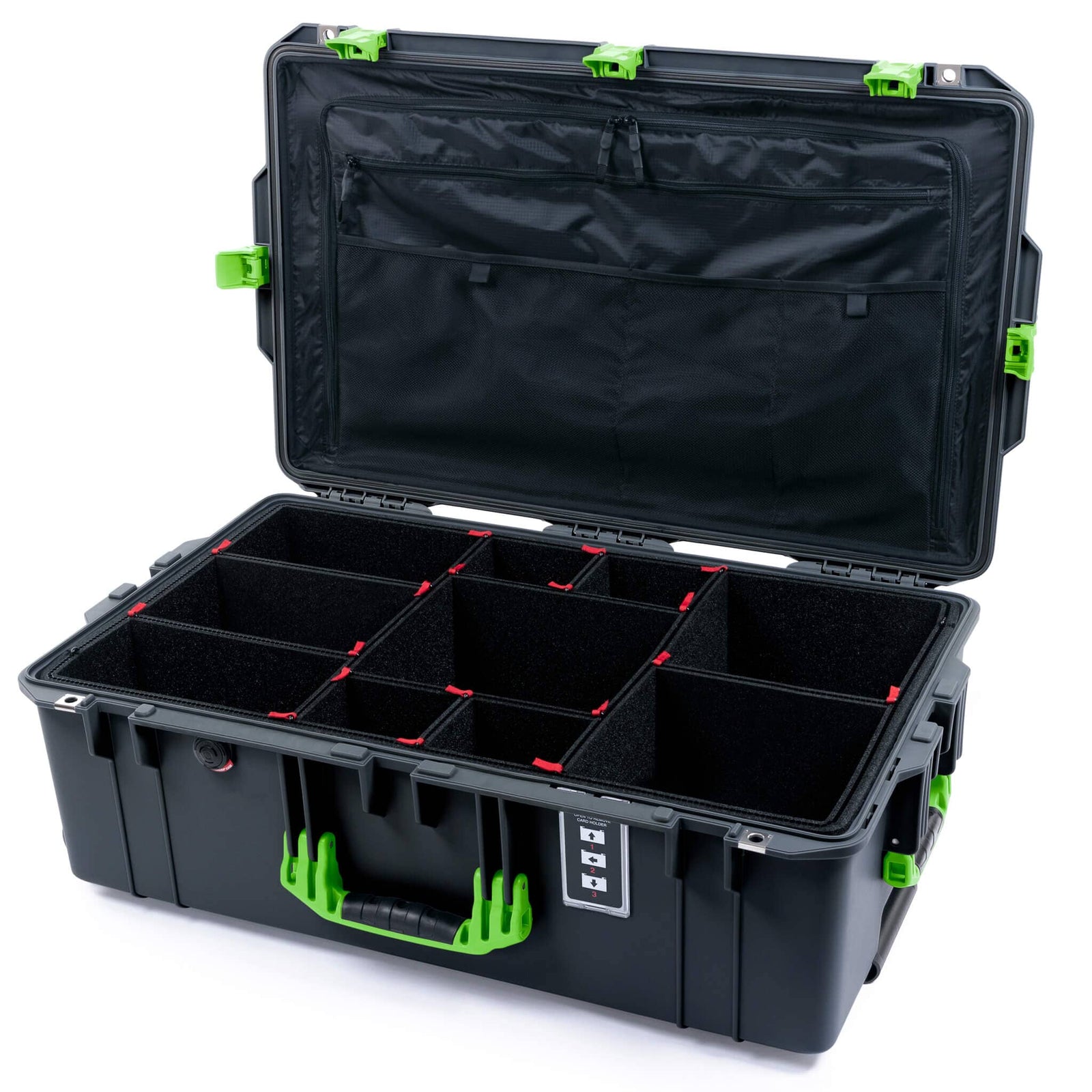 Pelican 1595 Air Case, Charcoal with Lime Green Handles & Latches TrekPak Divider System with Combo-Pouch Lid Organizer ColorCase 015950-0320-520-301
