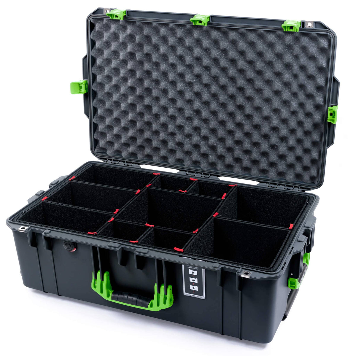 Pelican 1595 Air Case, Charcoal with Lime Green Handles &amp; Latches TrekPak Divider System with Convoluted Lid Foam ColorCase 015950-0020-520-301