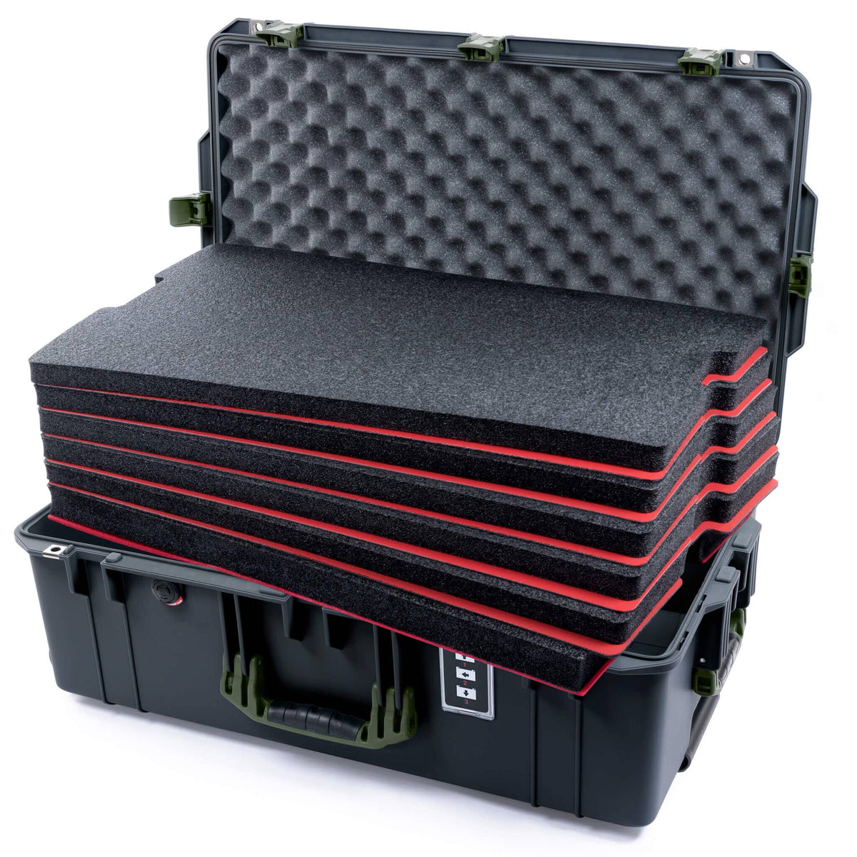 Pelican 1595 Air Case, Charcoal with OD Green Handles &amp; Latches Custom Tool Kit (6 Foam Inserts with Convoluted Lid Foam) ColorCase 015950-0060-520-131