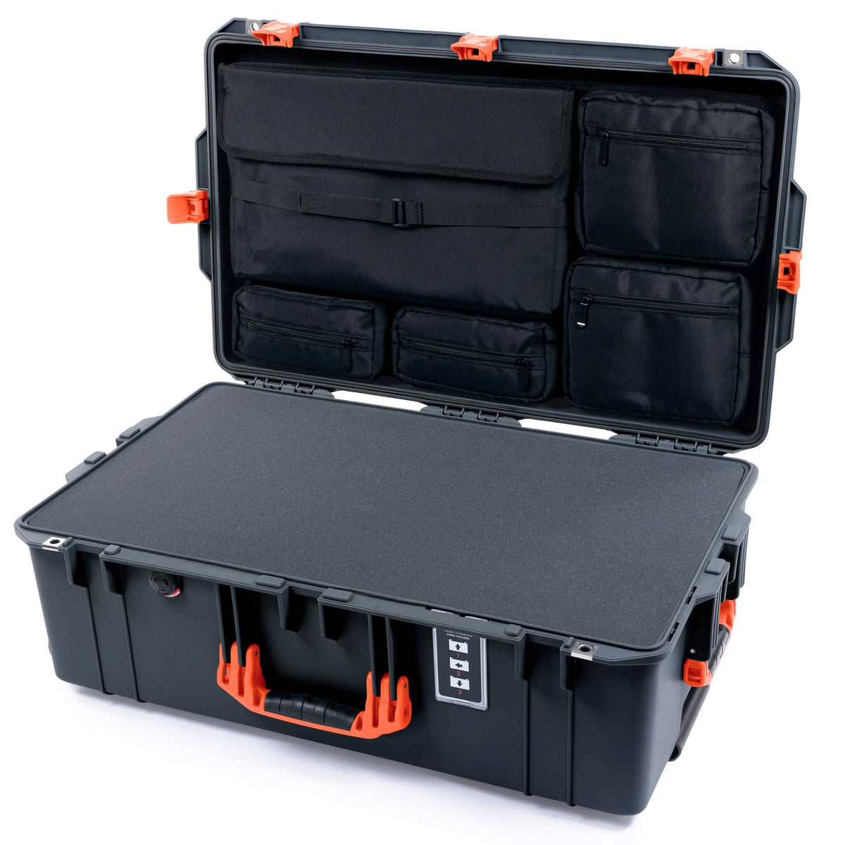 Pelican 1595 Air Case, Charcoal with Orange Handles &amp; Latches Pick &amp; Pluck Foam with Laptop Computer Lid Pouch ColorCase 015950-0201-520-151