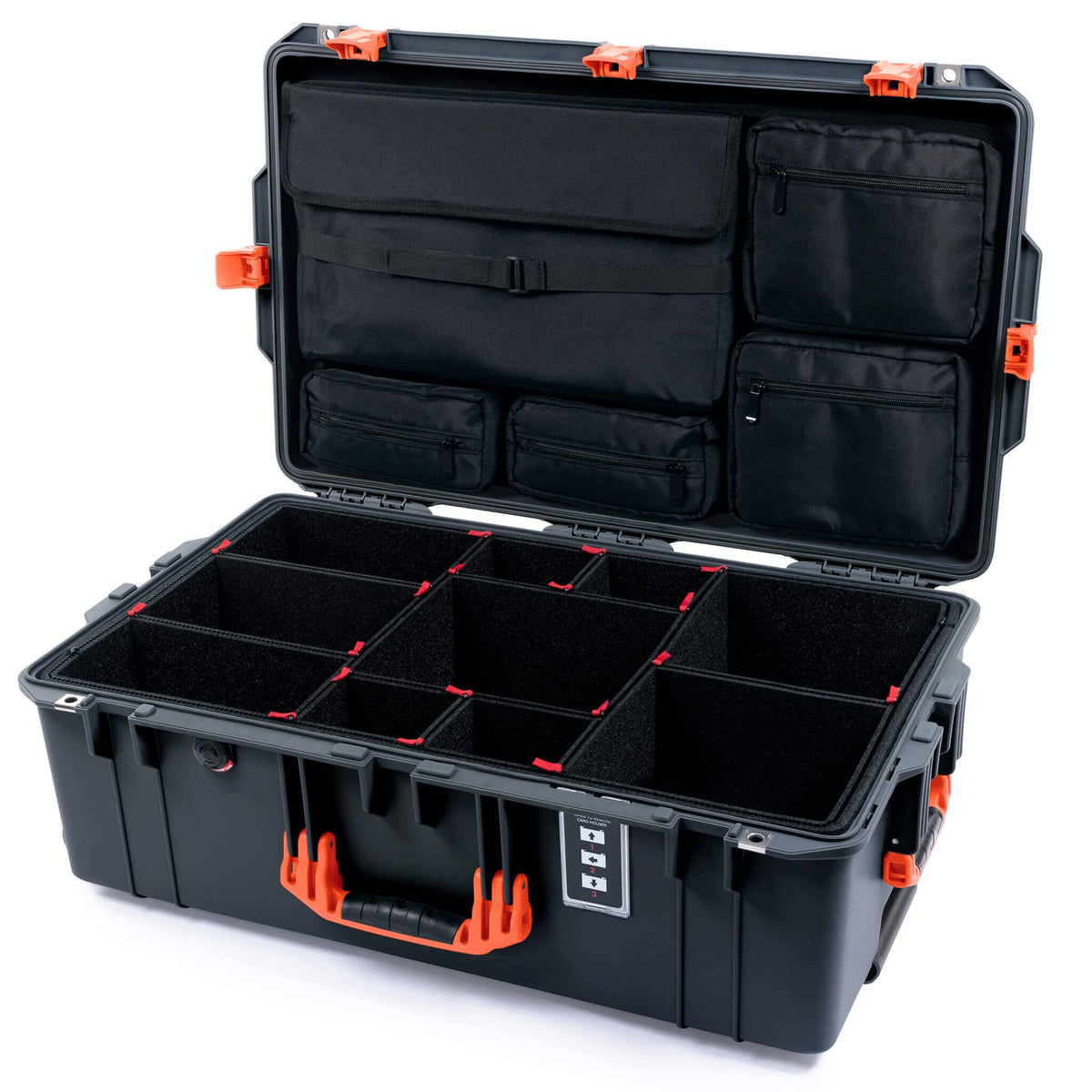 Pelican 1595 Air Case, Charcoal with Orange Handles &amp; Latches TrekPak Divider System with Laptop Computer Lid Pouch ColorCase 015950-0220-520-151
