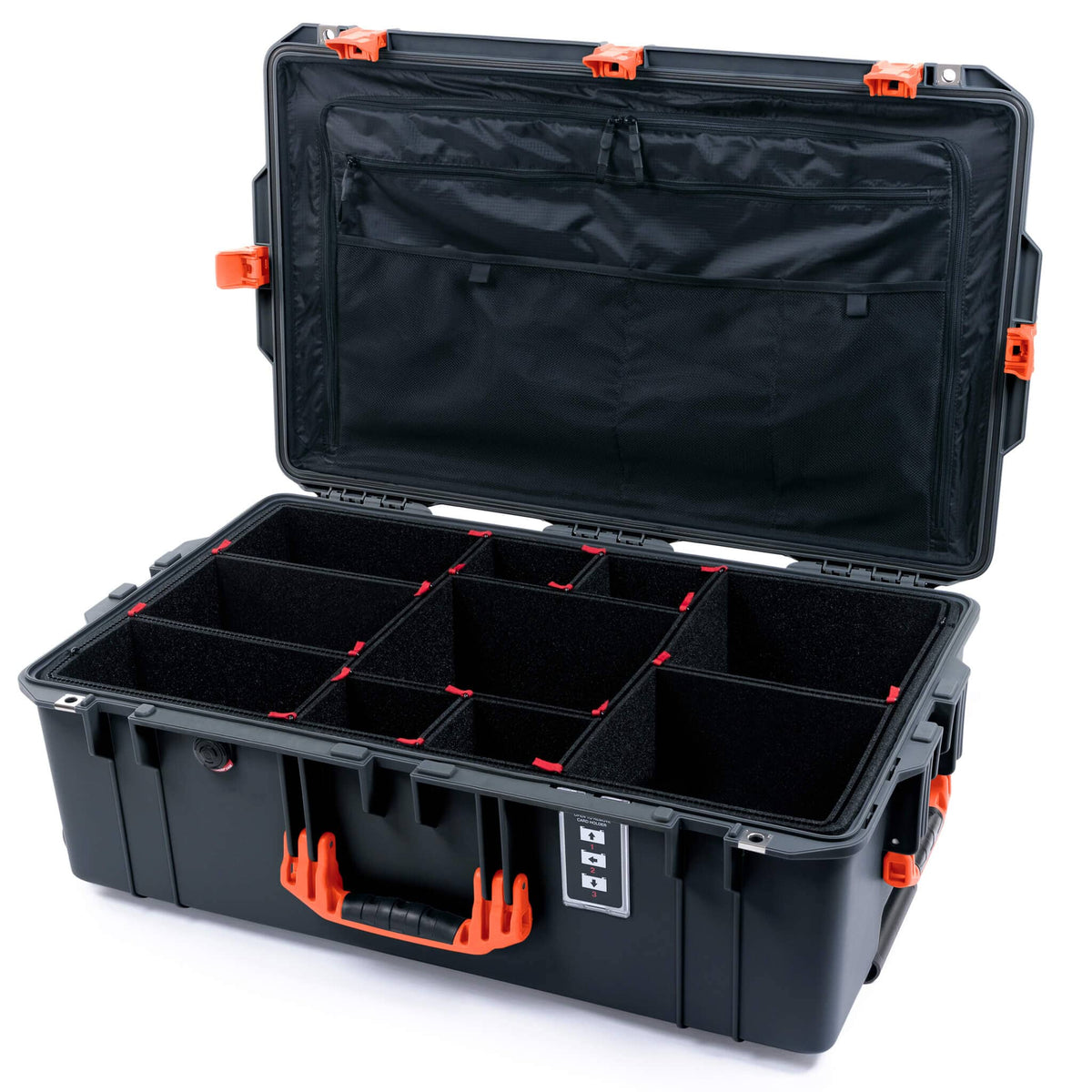 Pelican 1595 Air Case, Charcoal with Orange Handles &amp; Latches TrekPak Divider System with Combo-Pouch Lid Organizer ColorCase 015950-0320-520-151