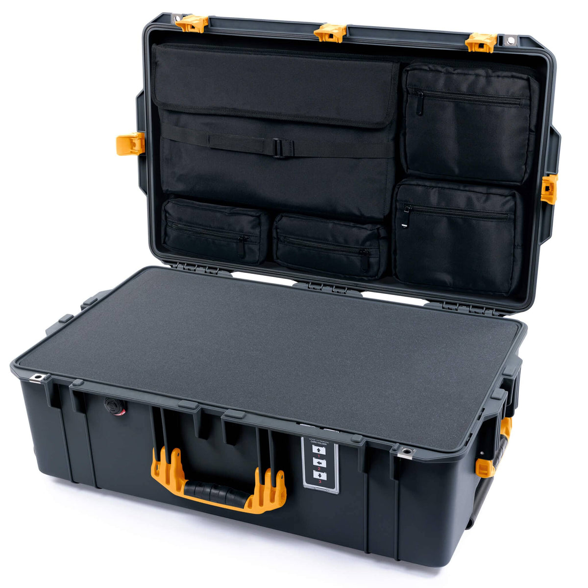 Pelican 1595 Air Case, Charcoal with Yellow Handles &amp; Latches Pick &amp; Pluck Foam with Laptop Computer Lid Pouch ColorCase 015950-0201-520-241