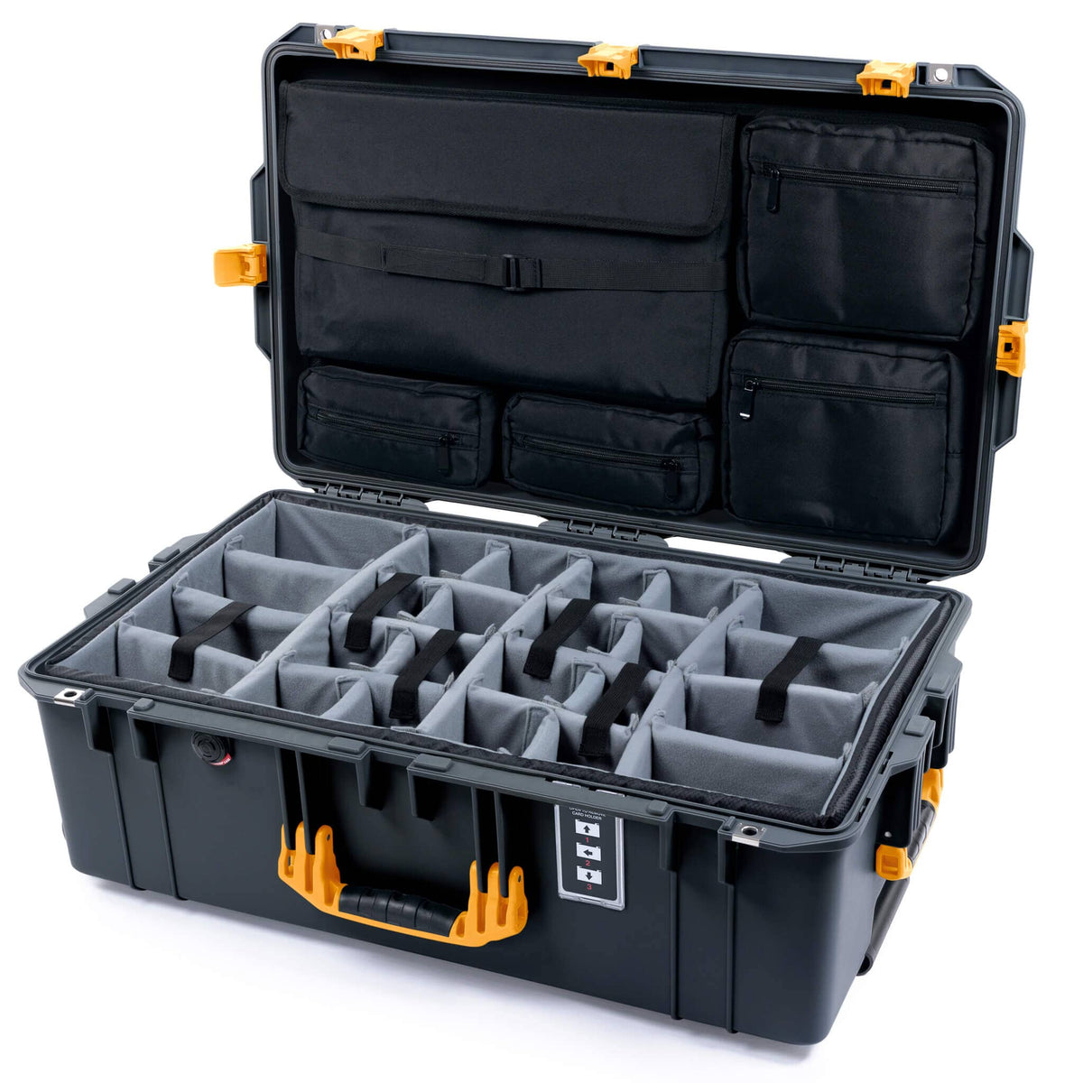 Pelican 1595 Air Case, Charcoal with Yellow Handles &amp; Latches Gray Padded Microfiber Dividers with Laptop Computer Lid Pouch ColorCase 015950-0270-520-241