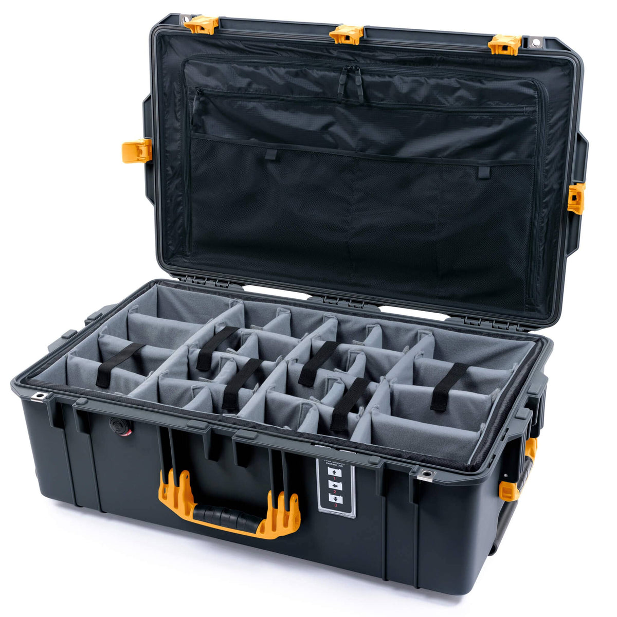 Pelican 1595 Air Case, Charcoal with Yellow Handles &amp; Latches Gray Padded Microfiber Dividers with Combo-Pouch Lid Organizer ColorCase 015950-0370-520-241
