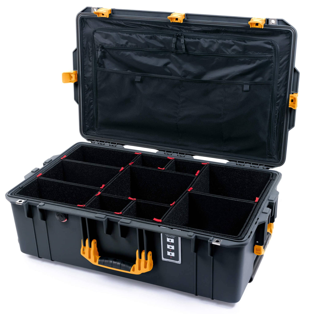 Pelican 1595 Air Case, Charcoal with Yellow Handles &amp; Latches TrekPak Divider System with Combo-Pouch Lid Organizer ColorCase 015950-0320-520-241