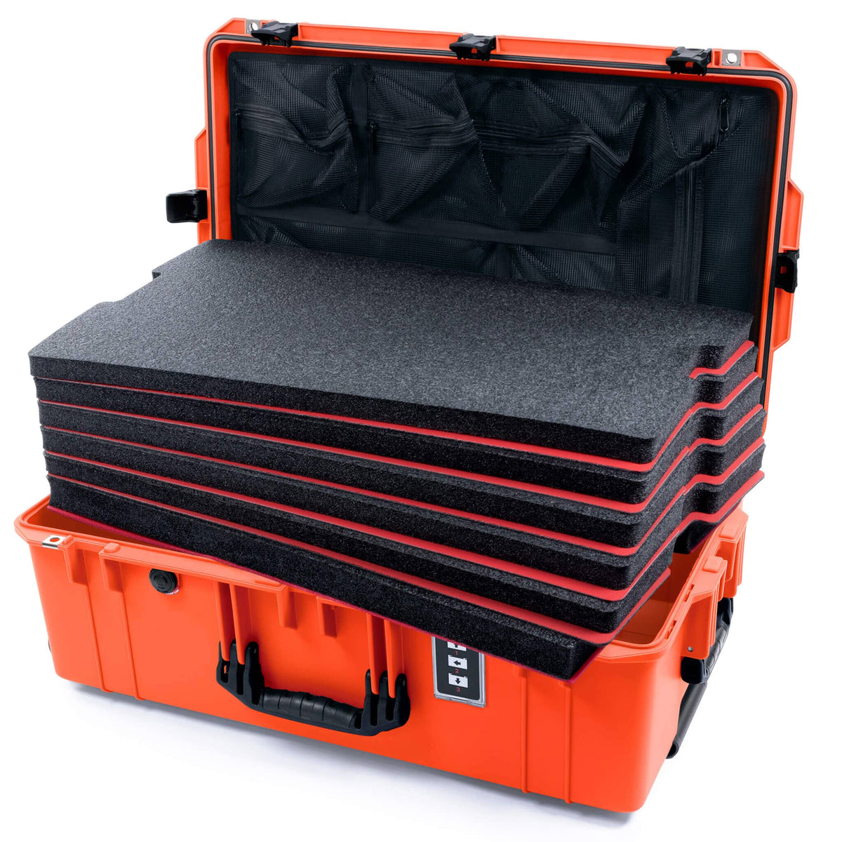Pelican 1595 Air Case, Orange with Black Handles &amp; Push-Button Latches Custom Tool Kit (6 Foam Inserts with Mesh Lid Organizer) ColorCase 015950-0160-150-110