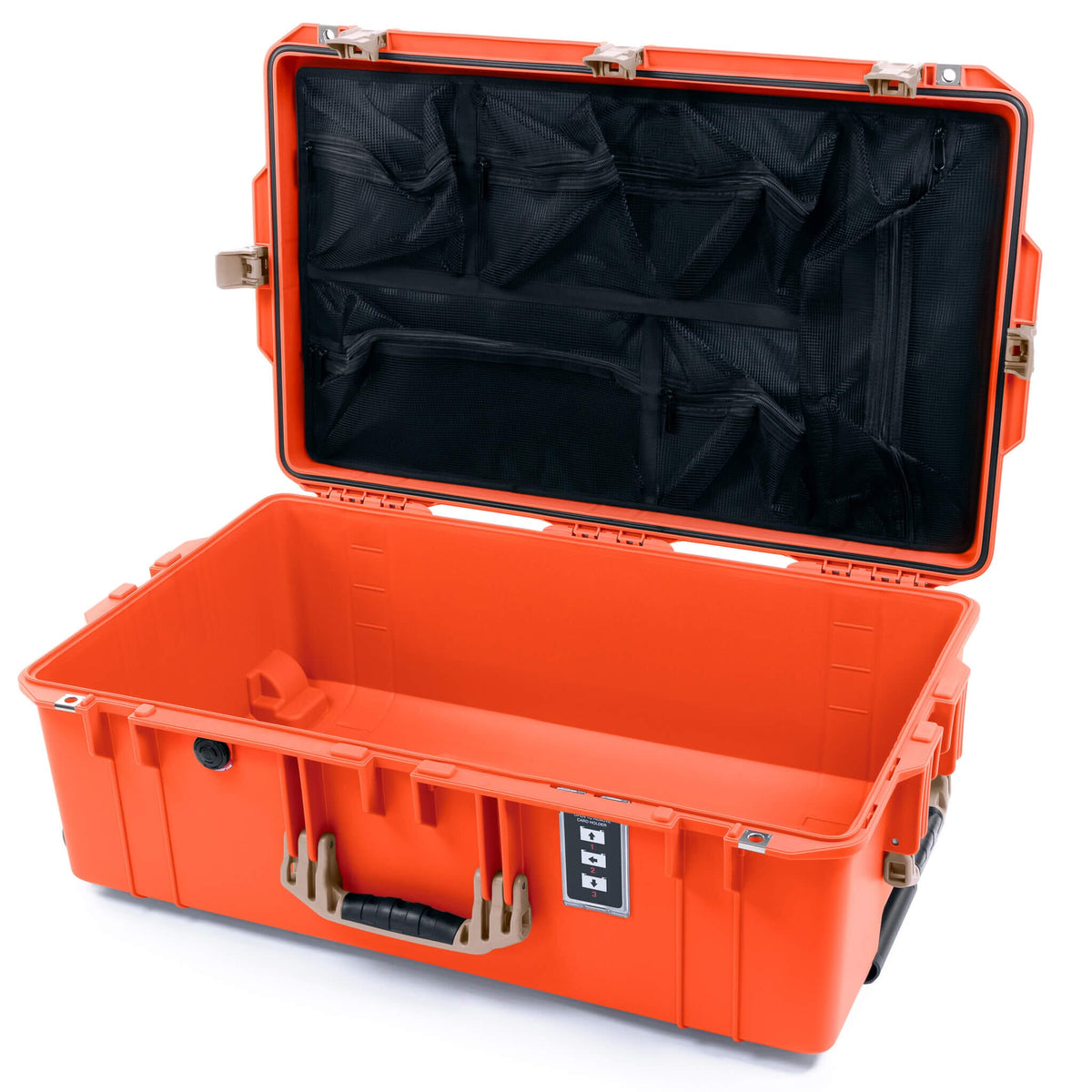 Pelican 1595 Air Case, Orange with Desert Tan Handles &amp; Latches Mesh Lid Organizer Only ColorCase 015950-0100-150-311