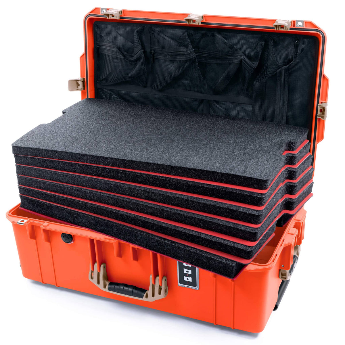 Pelican 1595 Air Case, Orange with Desert Tan Handles &amp; Latches Custom Tool Kit (6 Foam Inserts with Mesh Lid Organizer) ColorCase 015950-0160-150-311