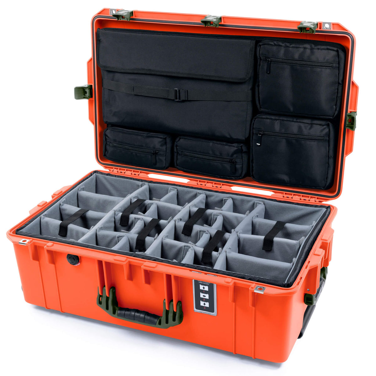 Pelican 1595 Air Case, Orange with OD Green Handles &amp; Latches Gray Padded Microfiber Dividers with Laptop Computer Lid Pouch ColorCase 015950-0270-150-131