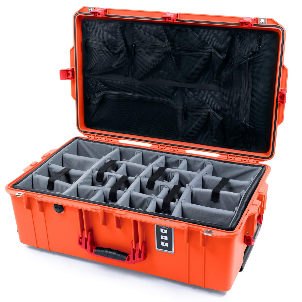Pelican 1595 Air Case, Orange with Red Handles &amp; Push-Button Latches Gray Padded Microfiber Dividers with Mesh Lid Organizer ColorCase 015950-0170-150-321