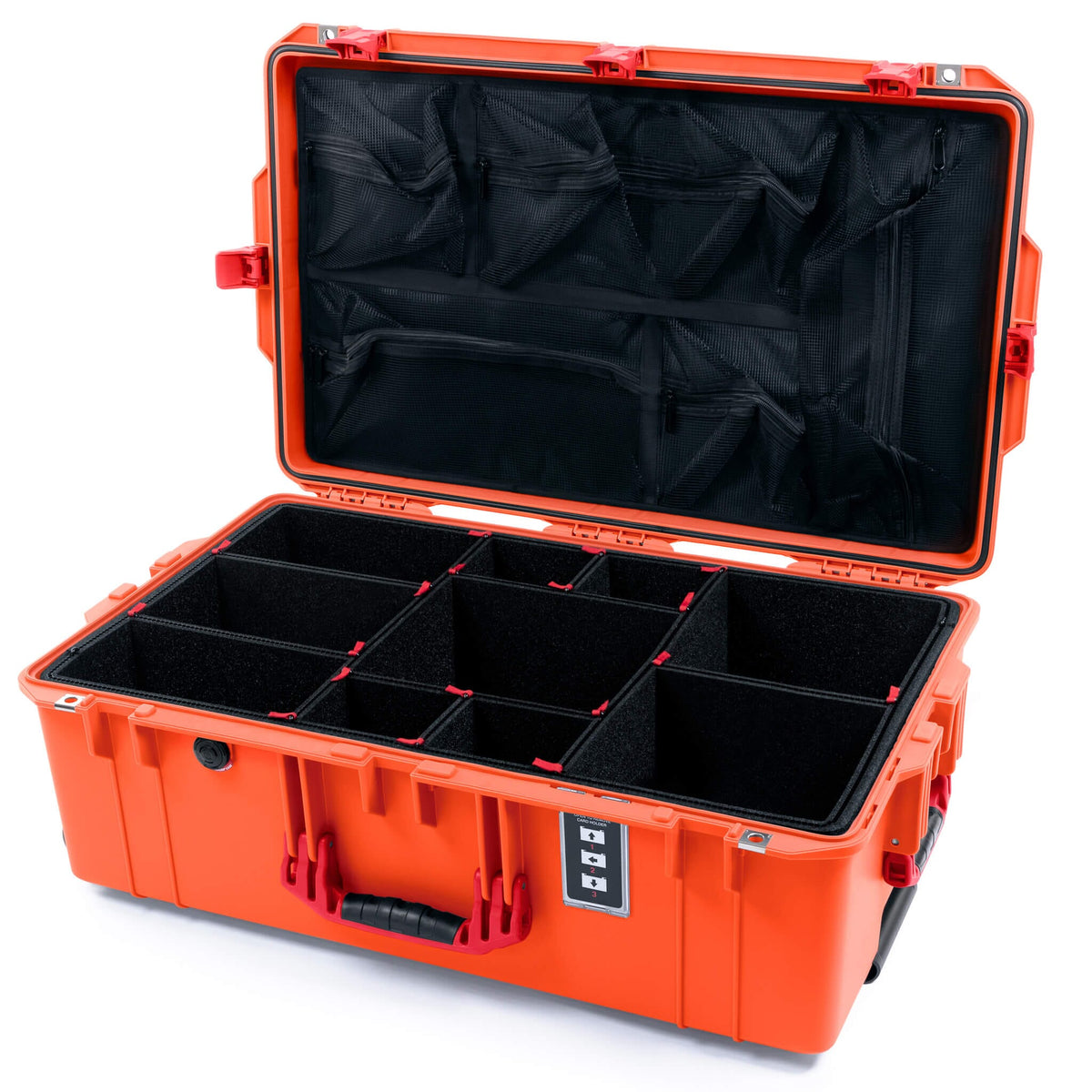 Pelican 1595 Air Case, Orange with Red Handles &amp; Push-Button Latches TrekPak Divider System with Mesh Lid Organizer ColorCase 015950-0120-150-321
