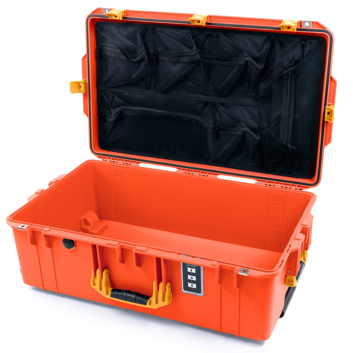 Pelican 1595 Air Case, Orange with Yellow Handles &amp; Push-Button Latches Mesh Lid Organizer Only ColorCase 015950-0100-150-240