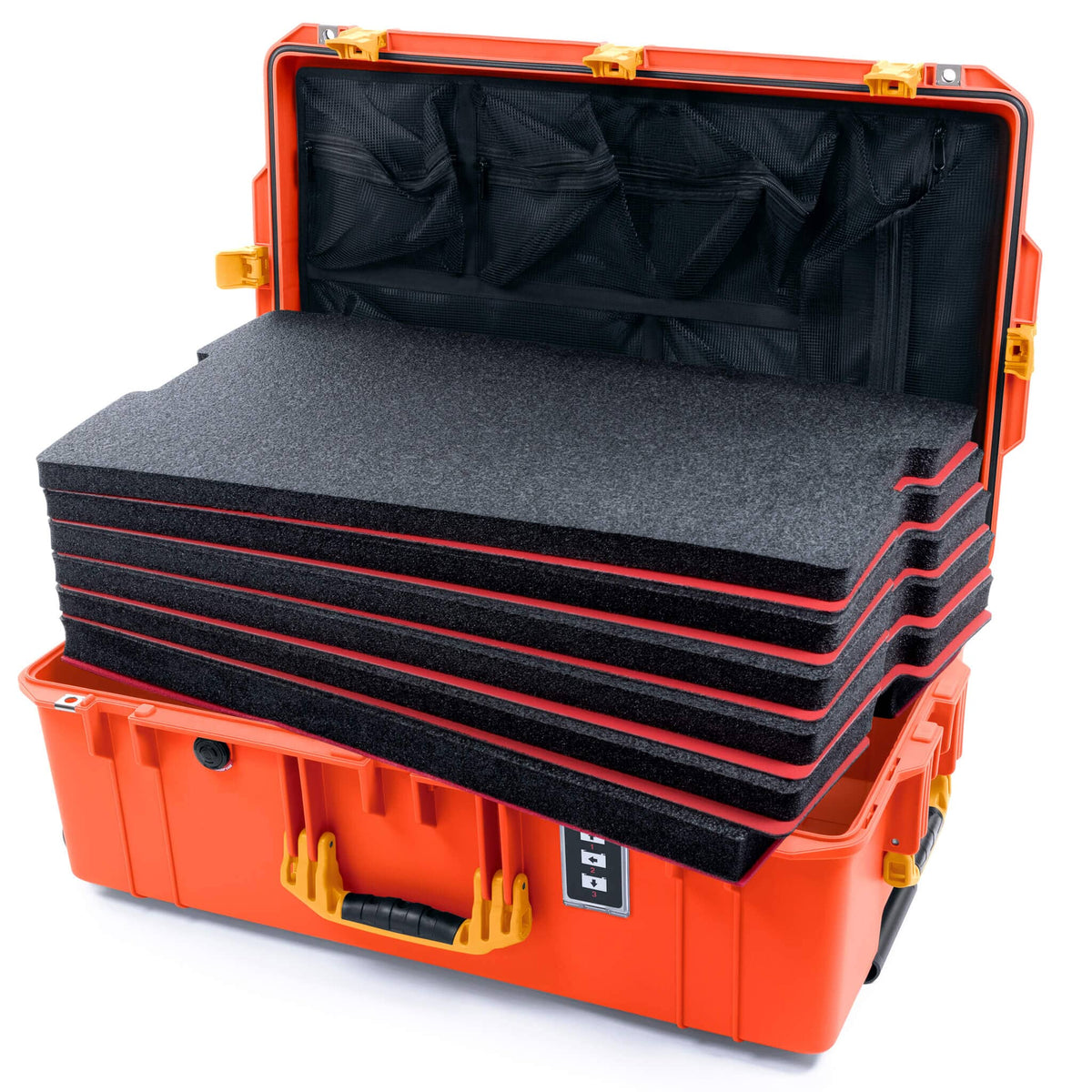 Pelican 1595 Air Case, Orange with Yellow Handles &amp; Push-Button Latches Custom Tool Kit (6 Foam Inserts with Mesh Lid Organizer) ColorCase 015950-0160-150-240