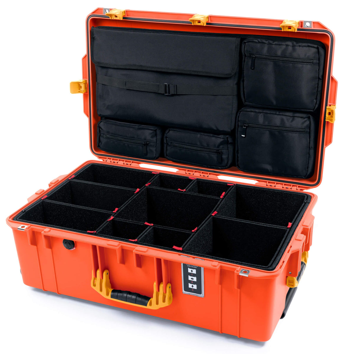 Pelican 1595 Air Case, Orange with Yellow Handles &amp; Push-Button Latches TrekPak Divider System with Laptop Computer Lid Pouch ColorCase 015950-0220-150-240
