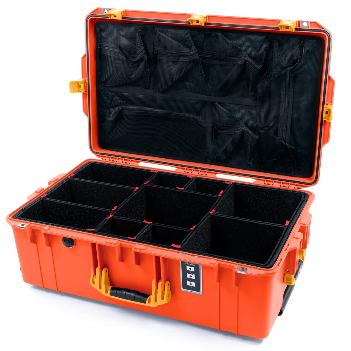 Pelican 1595 Air Case, Orange with Yellow Handles &amp; Push-Button Latches TrekPak Divider System with Mesh Lid Organizer ColorCase 015950-0180-150-240