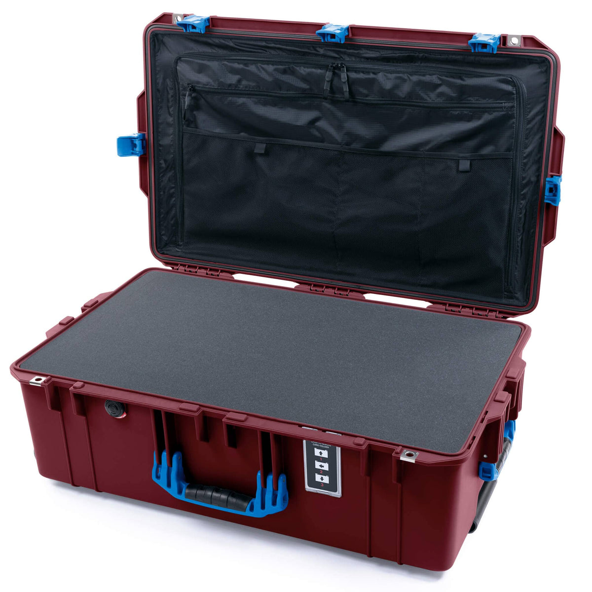 Pelican 1595 Air Case, Oxblood with Blue Handles &amp; Latches Pick &amp; Pluck Foam with Combo-Pouch Lid Organizer ColorCase 015950-0301-510-121