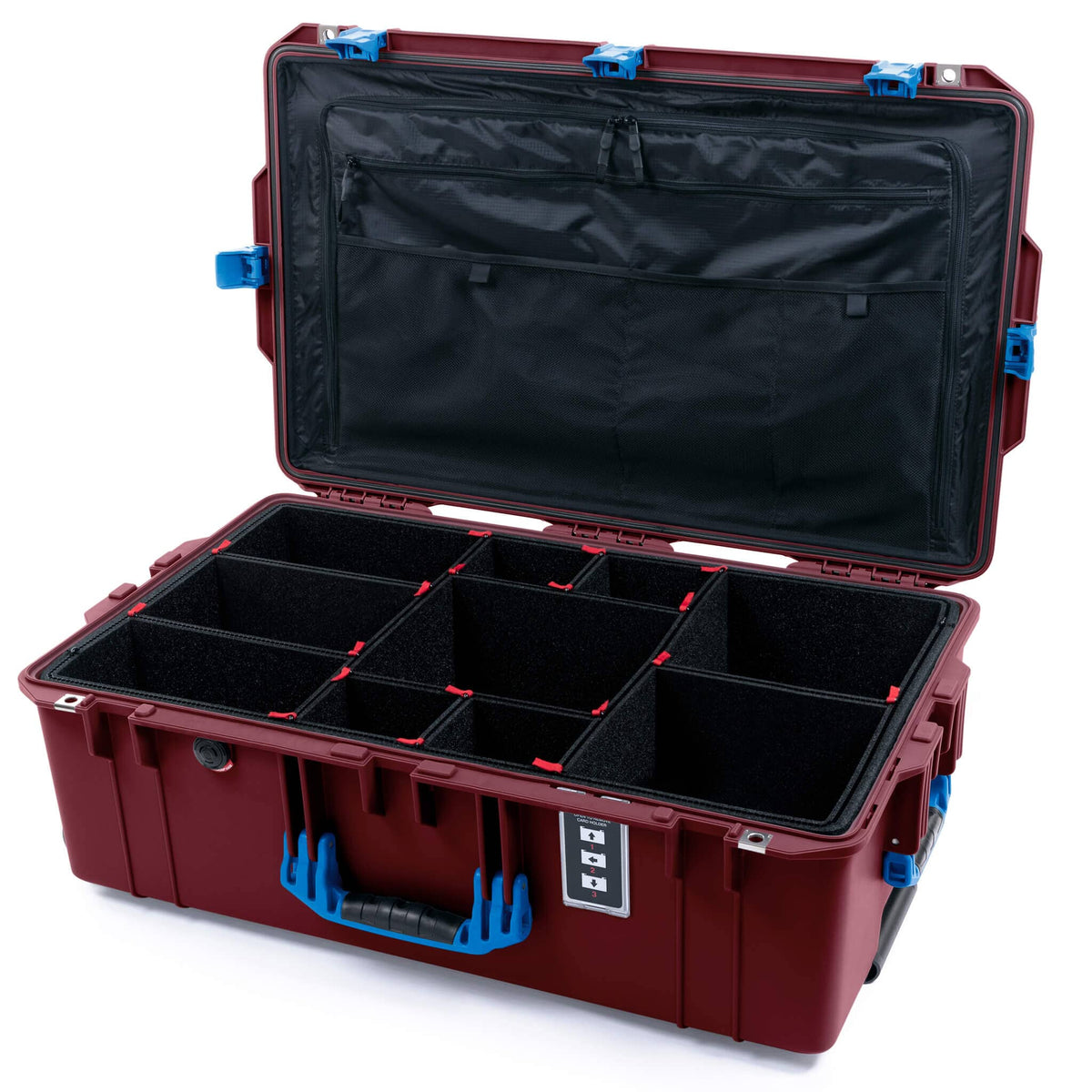 Pelican 1595 Air Case, Oxblood with Blue Handles &amp; Latches TrekPak Divider System with Combo-Pouch Lid Organizer ColorCase 015950-0320-510-121