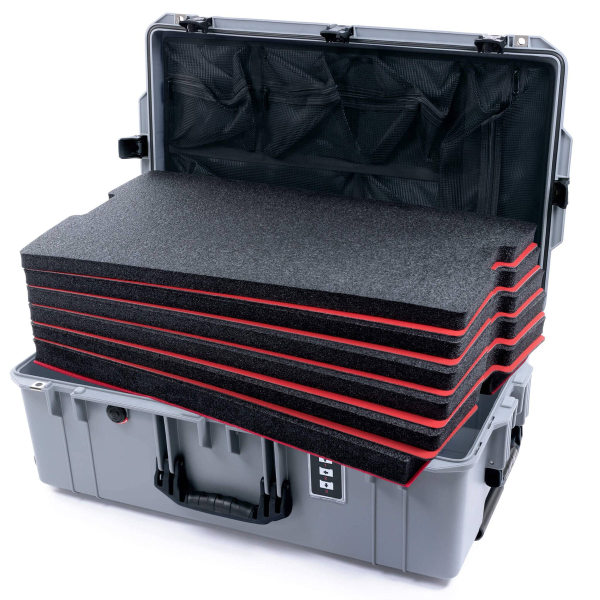Pelican 1595 Air Case, Silver, TSA Locking Latches &amp; Keys Custom Tool Kit (6 Foam Inserts with Mesh Lid Organizer) ColorCase 015950-0160-180-L10