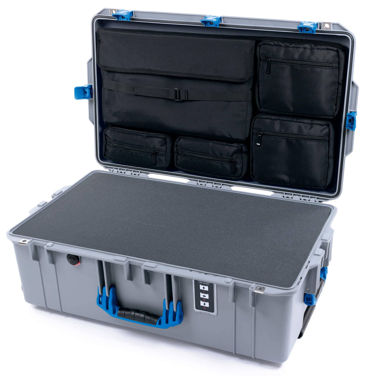 Pelican 1595 Air Case, Silver with Blue Handles &amp; Push-Button Latches Pick &amp; Pluck Foam with Laptop Computer Lid Pouch ColorCase 015950-0201-180-121