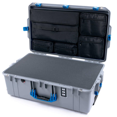 Pelican 1595 Air Case, Silver with Blue Handles & Push-Button Latches Pick & Pluck Foam with Laptop Computer Lid Pouch ColorCase 015950-0201-180-121