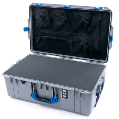Pelican 1595 Air Case, Silver with Blue Handles & Push-Button Latches Pick & Pluck Foam with Mesh Lid Organizer ColorCase 015950-0101-180-121