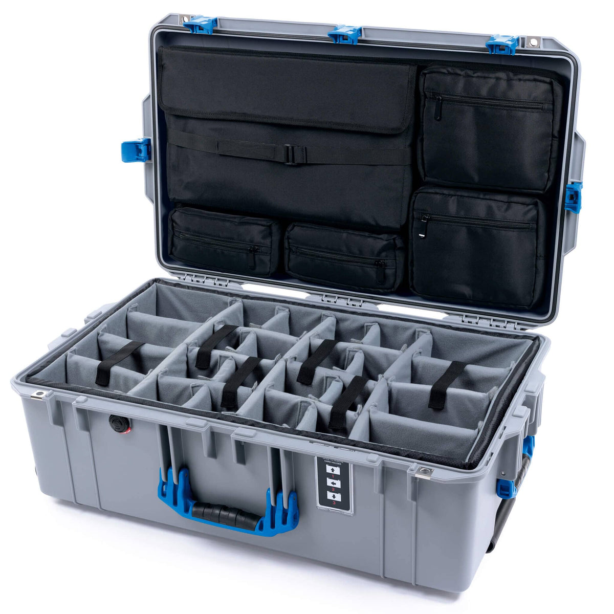 Pelican 1595 Air Case, Silver with Blue Handles &amp; Push-Button Latches Gray Padded Microfiber Dividers with Laptop Computer Lid Pouch ColorCase 015950-0270-180-121