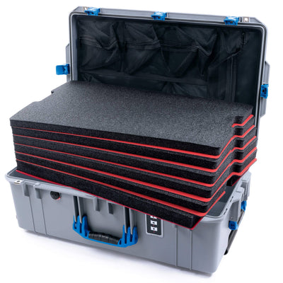 Pelican 1595 Air Case, Silver with Blue Handles & Push-Button Latches Custom Tool Kit (6 Foam Inserts with Mesh Lid Organizer) ColorCase 015950-0160-180-121