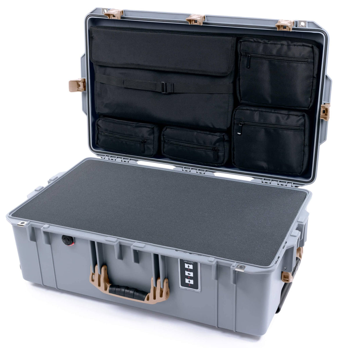 Pelican 1595 Air Case, Silver with Desert Tan Handles &amp; Latches Pick &amp; Pluck Foam with Laptop Computer Lid Pouch ColorCase 015950-0201-180-311