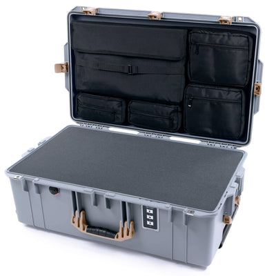 Pelican 1595 Air Case, Silver with Desert Tan Handles & Latches Pick & Pluck Foam with Laptop Computer Lid Pouch ColorCase 015950-0201-180-311