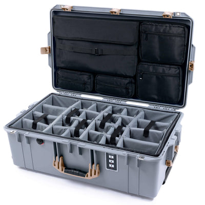 Pelican 1595 Air Case, Silver with Desert Tan Handles & Latches Gray Padded Microfiber Dividers with Laptop Computer Lid Pouch ColorCase 015950-0270-110-311