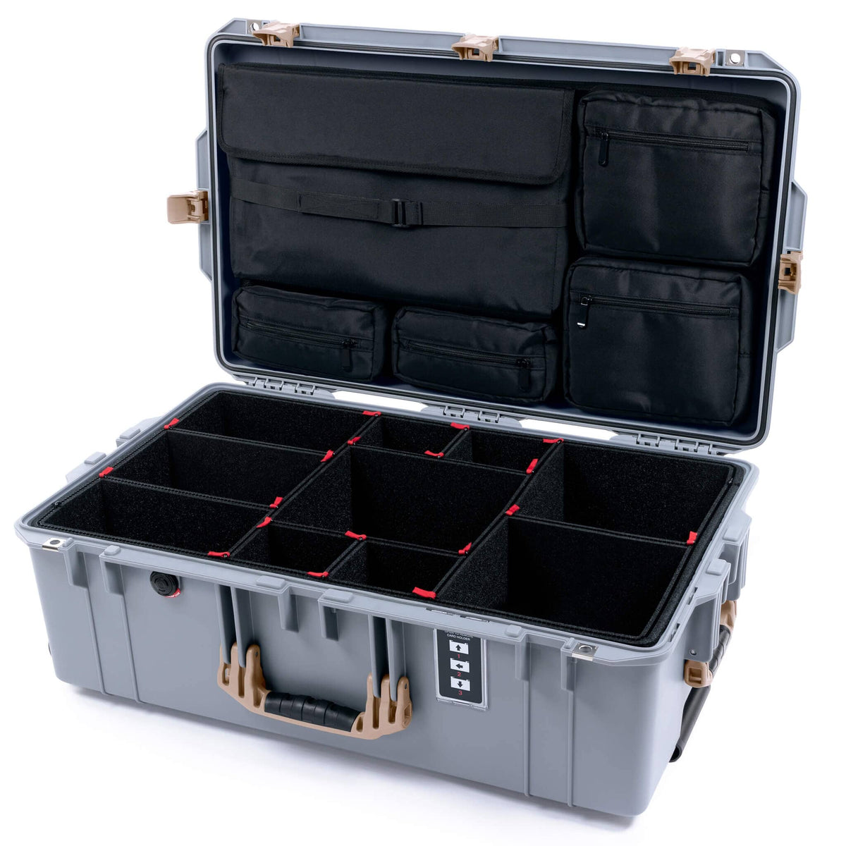 Pelican 1595 Air Case, Silver with Desert Tan Handles &amp; Latches TrekPak Divider System with Laptop Computer Lid Pouch ColorCase 015950-0220-110-311