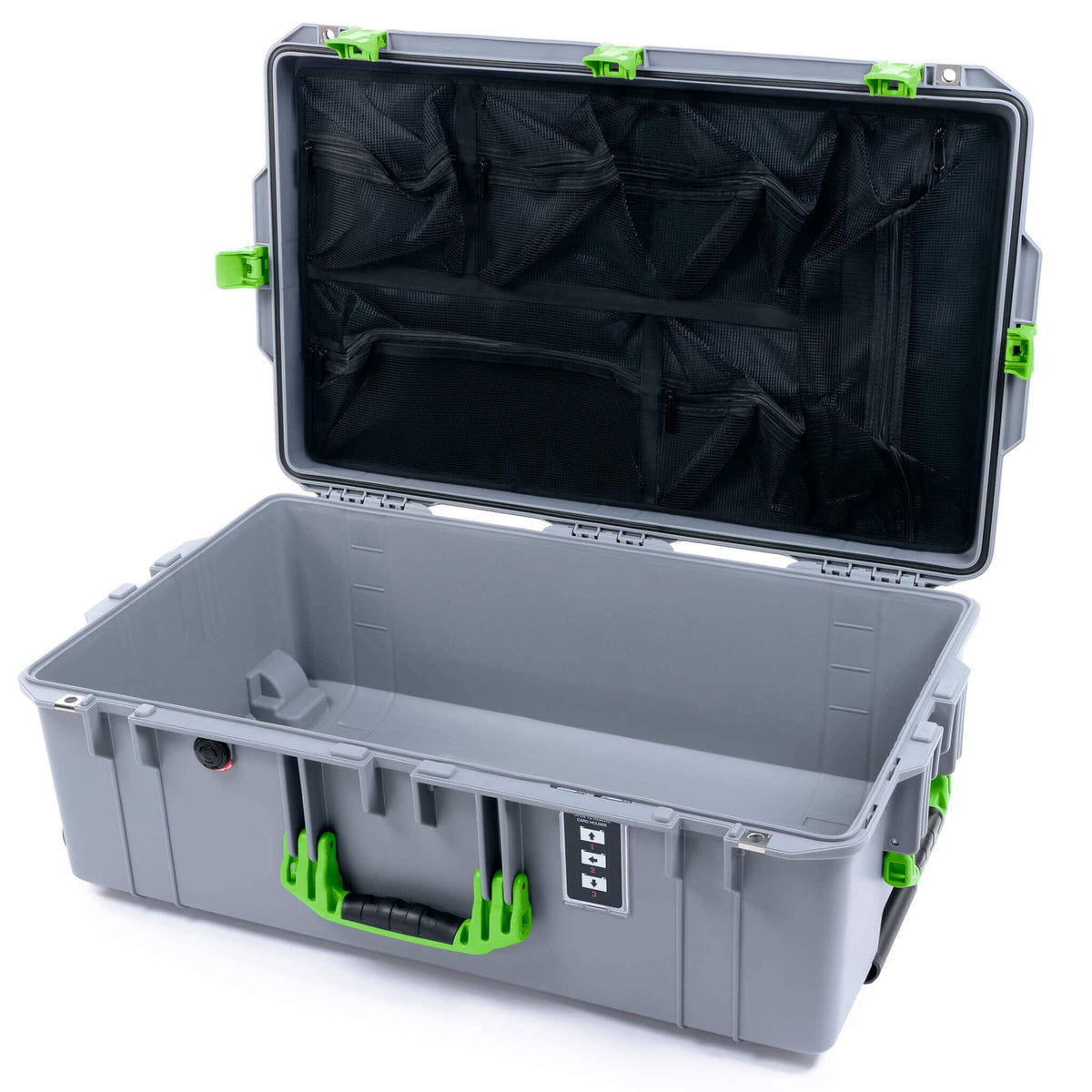 Pelican 1595 Air Case, Silver with Lime Green Handles &amp; Latches Mesh Lid Organizer Only ColorCase 015950-0100-180-301