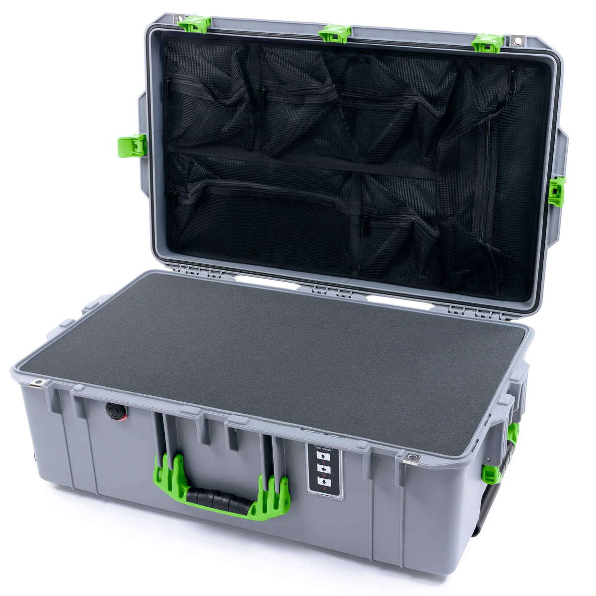 Pelican 1595 Air Case, Silver with Lime Green Handles &amp; Latches Pick &amp; Pluck Foam with Mesh Lid Organizer ColorCase 015950-0101-180-301