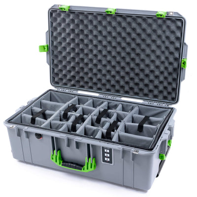 Pelican 1595 Air Case, Silver with Lime Green Handles & Latches Gray Padded Microfiber Dividers with Convoluted Lid Foam ColorCase 015950-0070-180-301