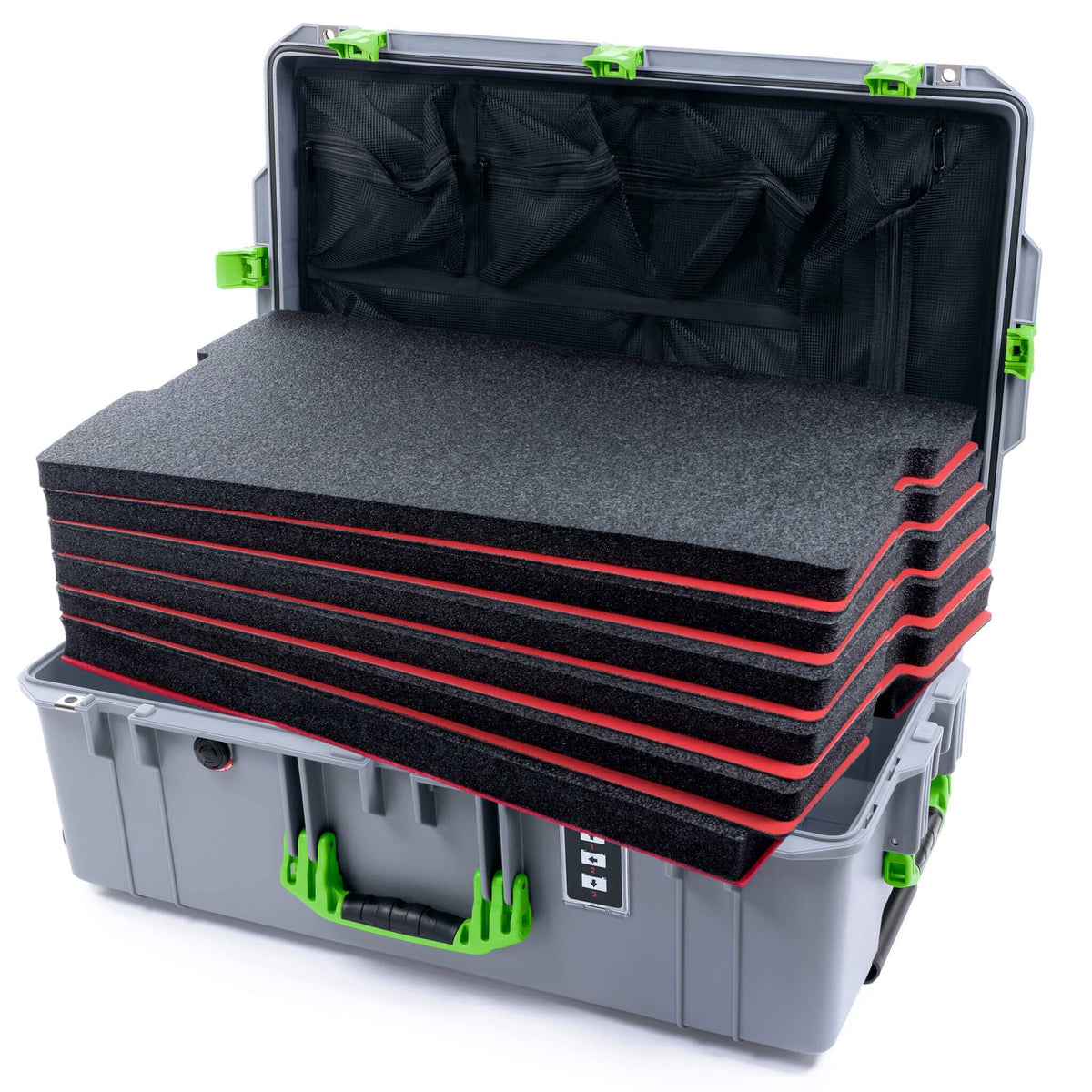 Pelican 1595 Air Case, Silver with Lime Green Handles &amp; Latches Custom Tool Kit (6 Foam Inserts with Mesh Lid Organizer) ColorCase 015950-0160-180-301