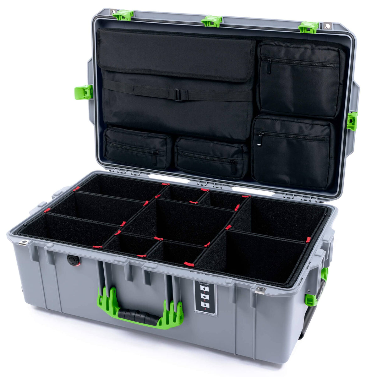 Pelican 1595 Air Case, Silver with Lime Green Handles &amp; Latches TrekPak Divider System with Laptop Computer Lid Pouch ColorCase 015950-0220-180-301