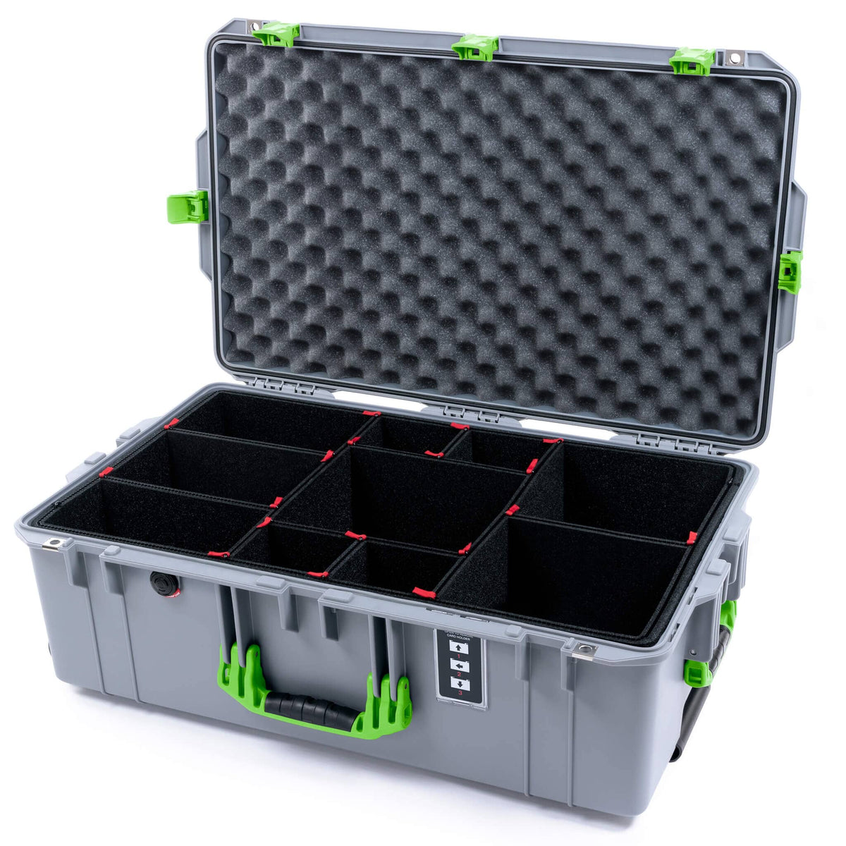 Pelican 1595 Air Case, Silver with Lime Green Handles &amp; Latches TrekPak Divider System with Convoluted Lid Foam ColorCase 015950-0020-180-301