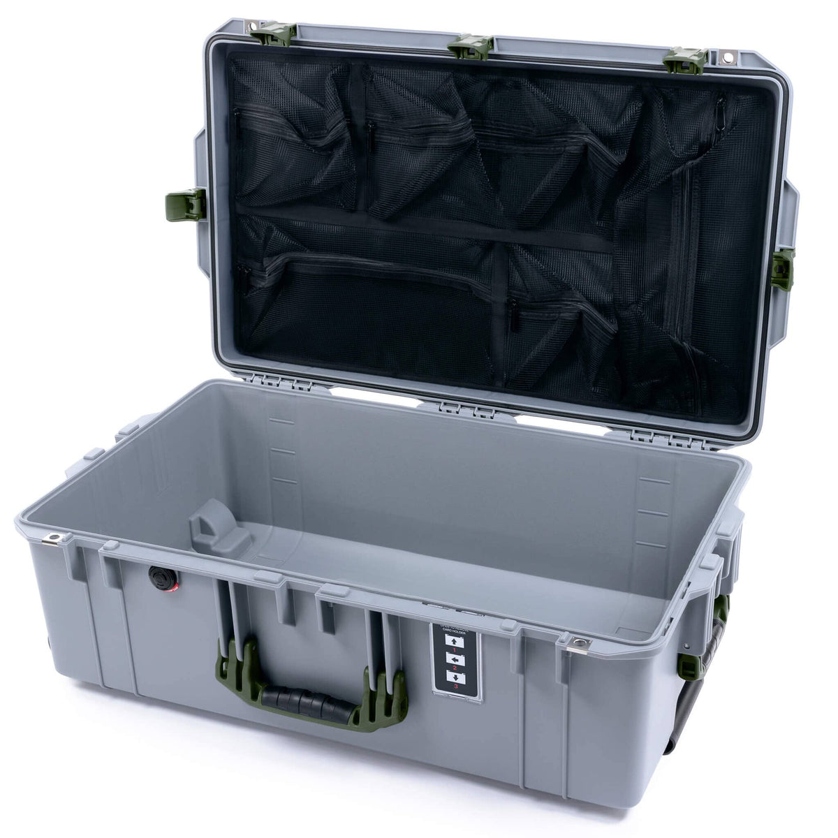 Pelican 1595 Air Case, Silver with OD Green Handles &amp; Latches Mesh Lid Organizer Only ColorCase 015950-0100-180-131