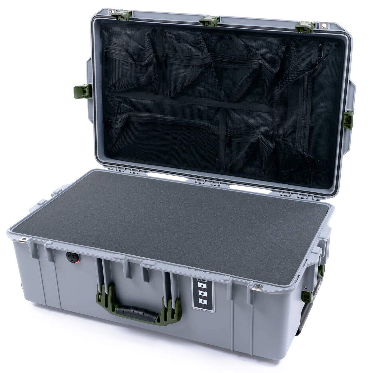 Pelican 1595 Air Case, Silver with OD Green Handles &amp; Latches Pick &amp; Pluck Foam with Mesh Lid Organizer ColorCase 015950-0101-180-131