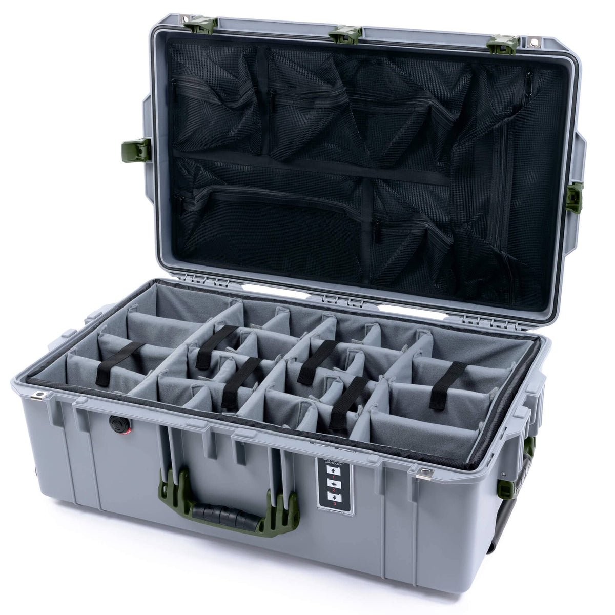 Pelican 1595 Air Case, Silver with OD Green Handles &amp; Latches Gray Padded Microfiber Dividers with Mesh Lid Organizer ColorCase 015950-0170-180-131